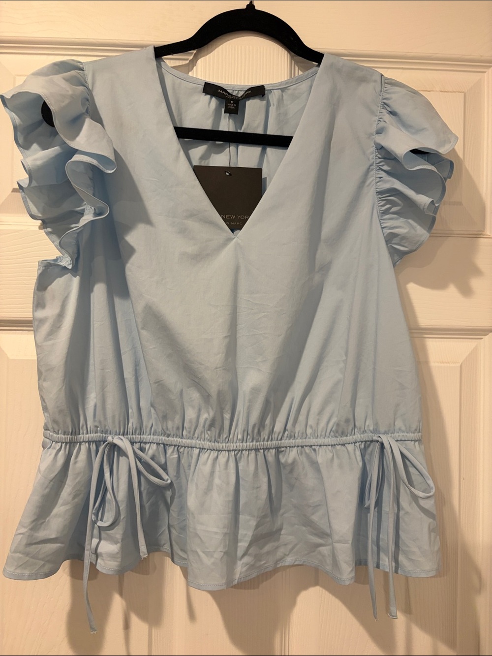 New York & Company Powder Blue V-Neck Ruffle Sleeve Peplum Top